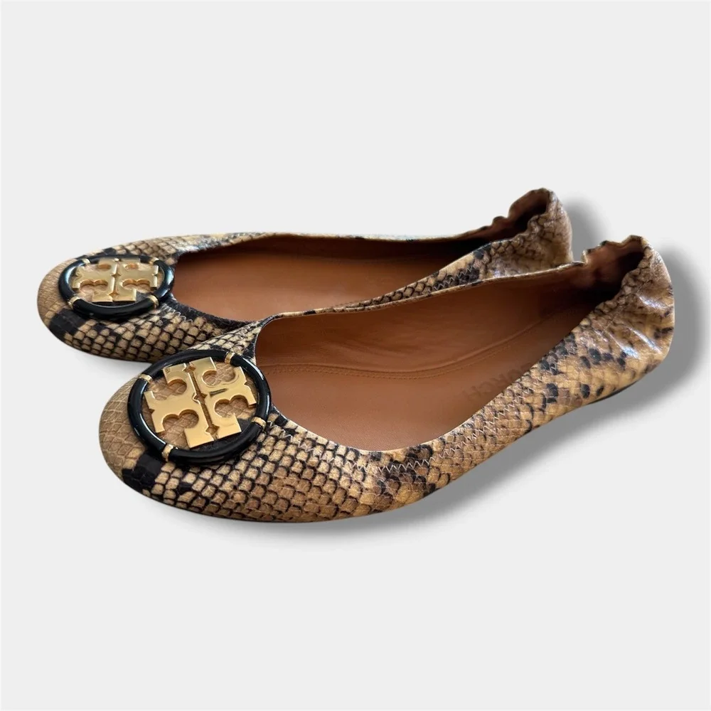 Tory Burch Reva‎ Ballet Flats Women 10M Tan Snakeskin Embossed Leather Logo Good